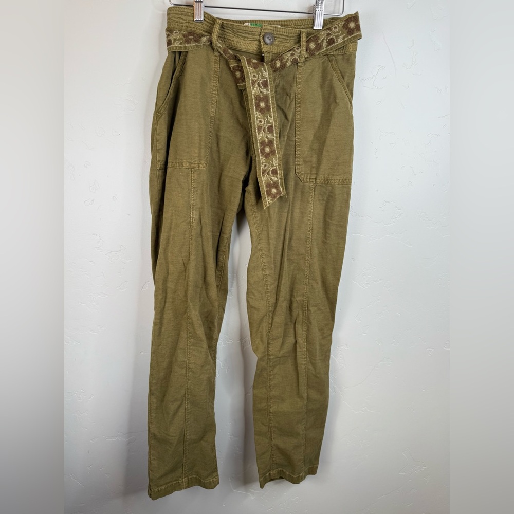 Anthropologie Ellie Embroidered Belted Paper Bag Waist Pants Khaki Olive Size 27